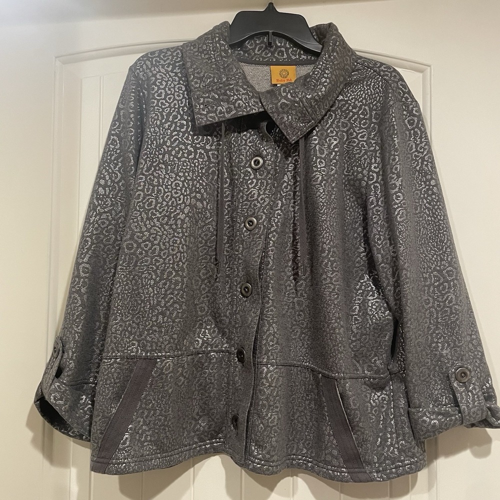 Ruby Rd. Women's Jacket Size Large Metallic Gray Animal Print Button Up Cardigan